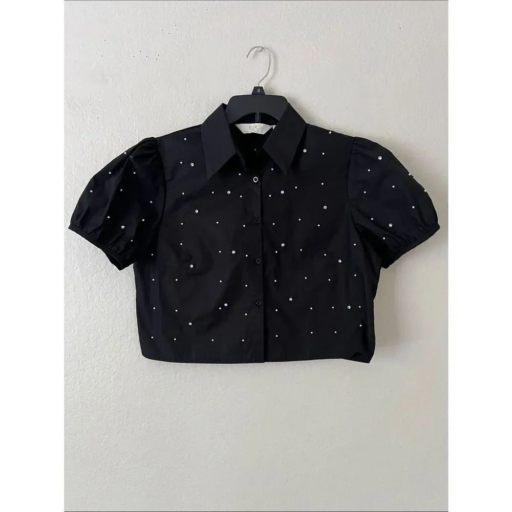 Like New! Lizette Collection Cropped Black Puff Sleeve Button-Up Pearl/Jewels L